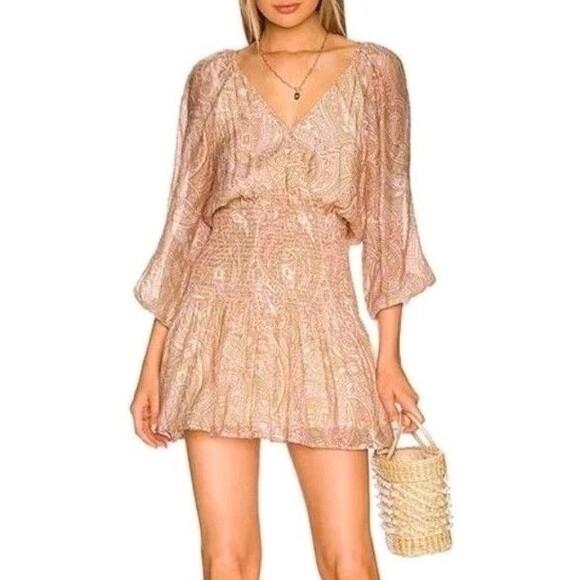 MINKPINK Sz M Catalina Mini Dress. Multicolor Pink Paisley Smocked Waist NWT - Picture 8 of 16